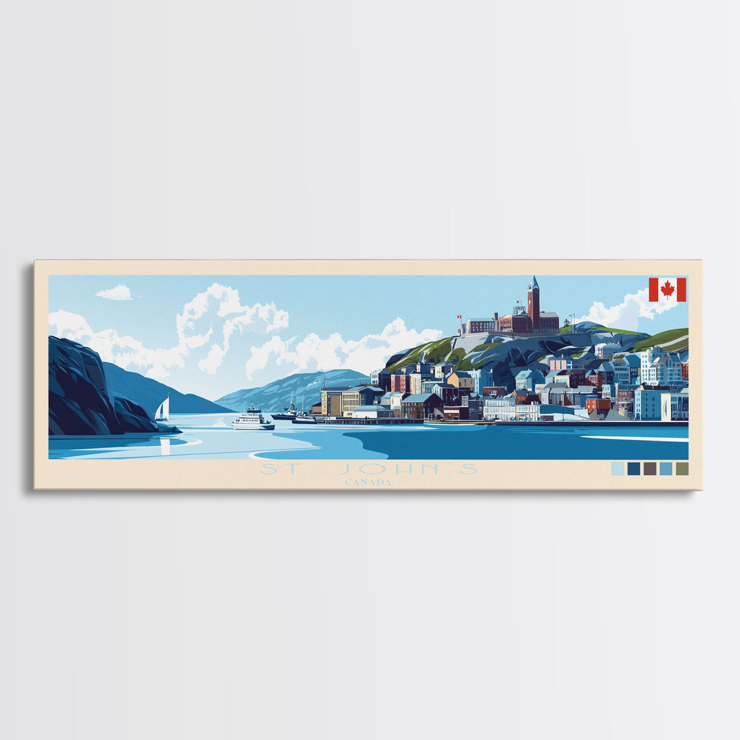 St. John's, Canada Travel Poster Panoramic Canvas Print, St. John's, Canada Painting, Canada Art, St. John's Travel Art, Guest Room Painting