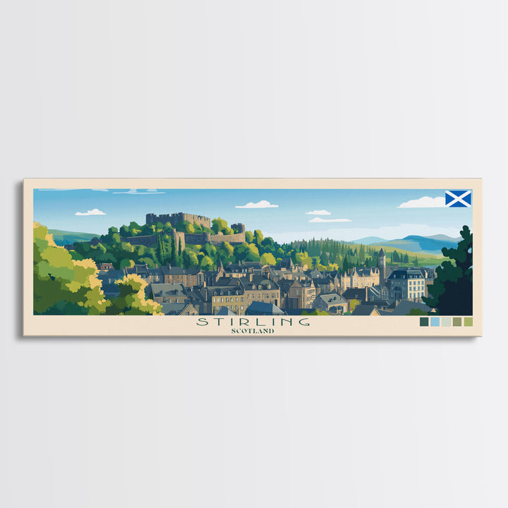 Stirling, Scotland Panoramic Travel Poster Canvas Print, Stirling, Scotland Painting, Scotland Art, Stirling Panoramic Travel Art, Travel Painting