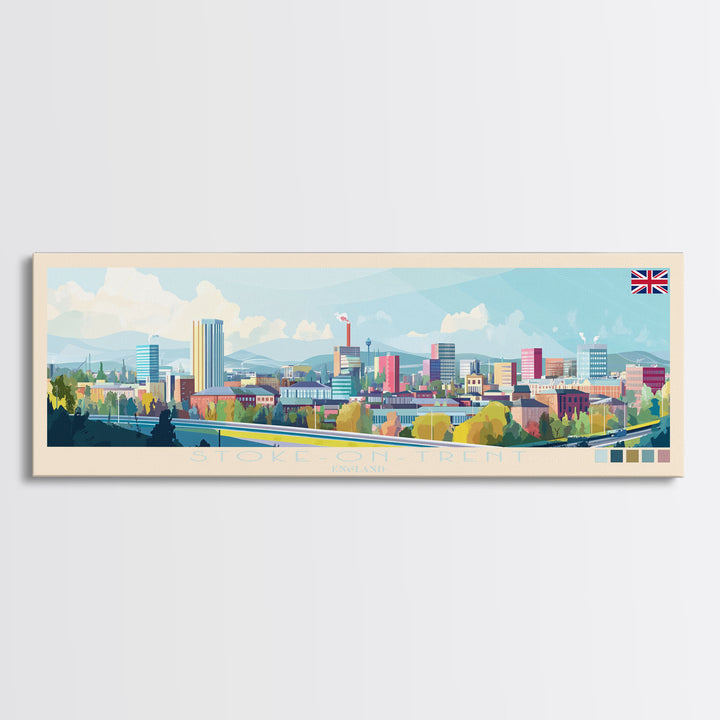 Stoke-on-Trent, England Panoramic Travel Poster Canvas Print, Stoke-on-Trent, England Painting, England Art, Stoke-on-Trent Travel Art, Guest Room Painting