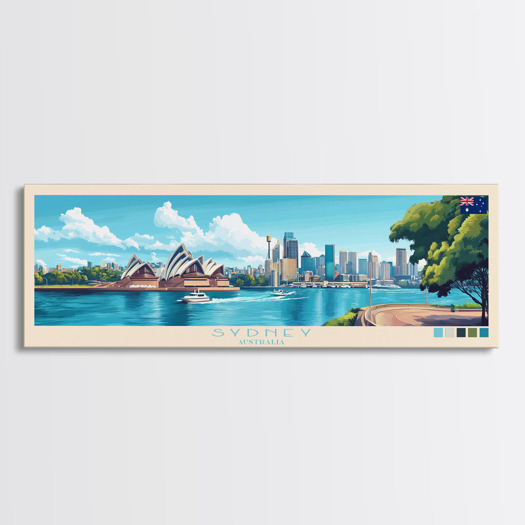 Sydney, Australia Travel Poster Panoramic Canvas Print, Sydney, Australia Painting, Australia Art, Sydney Travel Art, Guest Room Painting