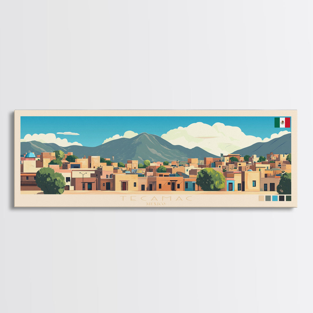 Tecamac, Mexico Panoramic Travel Poster Canvas Print, Tecamac, Mexico Painting, Mexico Art, Tecamac Travel Art, Guest Room Painting