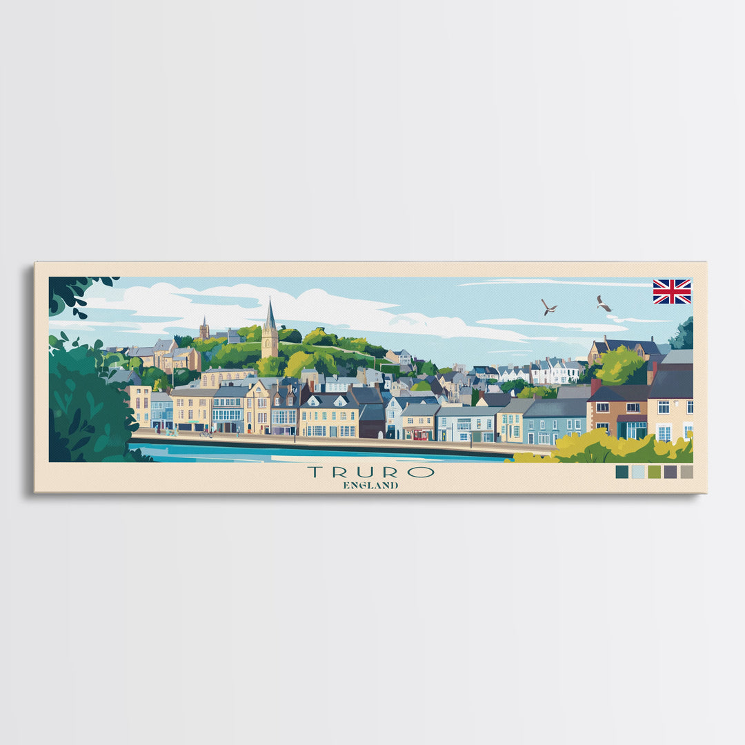 Truro, England Panoramic Travel Poster Canvas Print, Truro, England Painting, England Art, Truro Travel Art, Living Room Painting