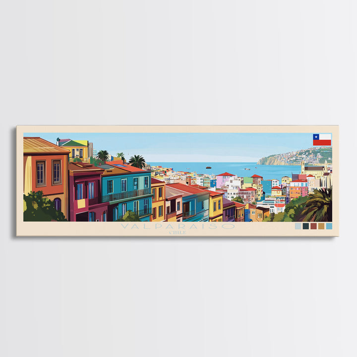 Valparaiso, Chile Panoramic Travel Poster Canvas Print, Valparaiso, Chile Painting, Chile Art, Valparaiso Panoramic Travel Art, Travel Painting