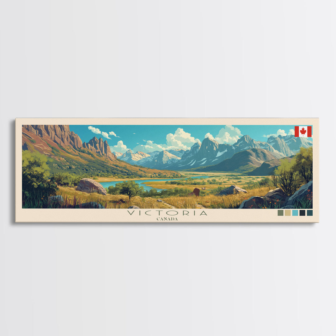 Victoria, Canada Travel Poster Panoramic Canvas Print, Victoria, Canada Painting, Canada Art, Victoria Travel Art, Guest Room Painting