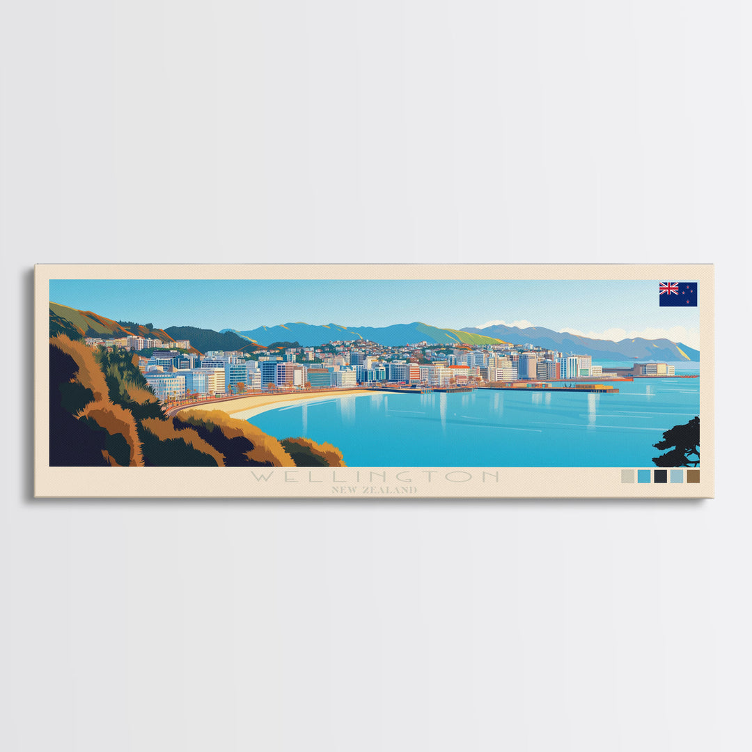 Wellington, New Zealand Panoramic Travel Poster Canvas Print, Wellington, New Zealand Painting, New Zealand Art, Wellington Panoramic Travel Art, Travel Painting