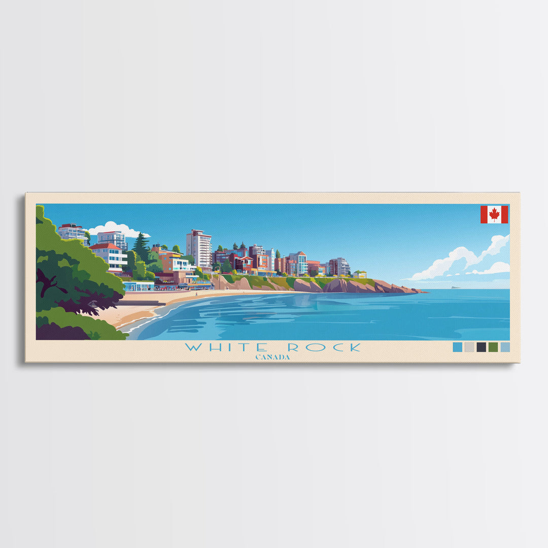 White Rock, Canada Travel Poster Panoramic Canvas Print, White Rock, Canada Painting, Canada Art, White Rock Travel Art, Guest Room Painting