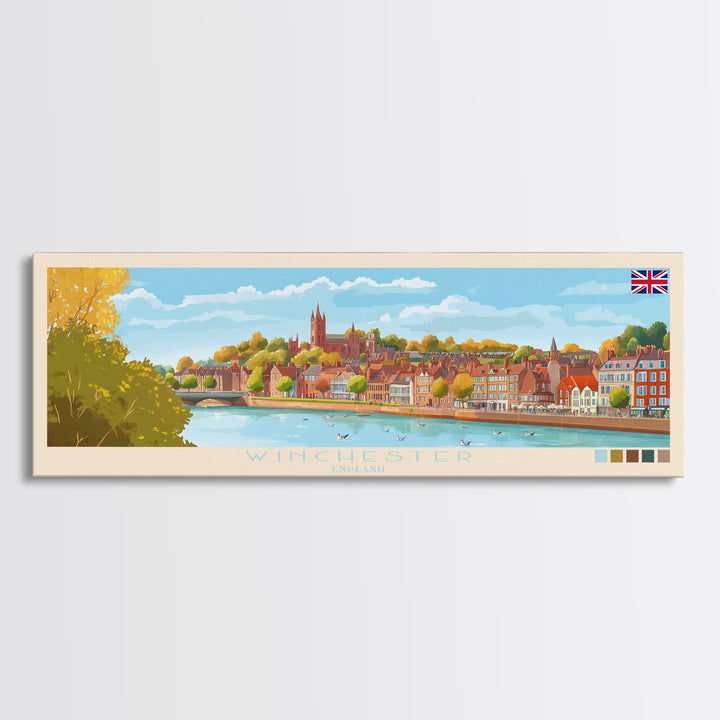 Winchester, England Travel Poster Panoramic Canvas Print, Winchester, England Painting, England Art, Winchester Travel Art, Guest Room Painting