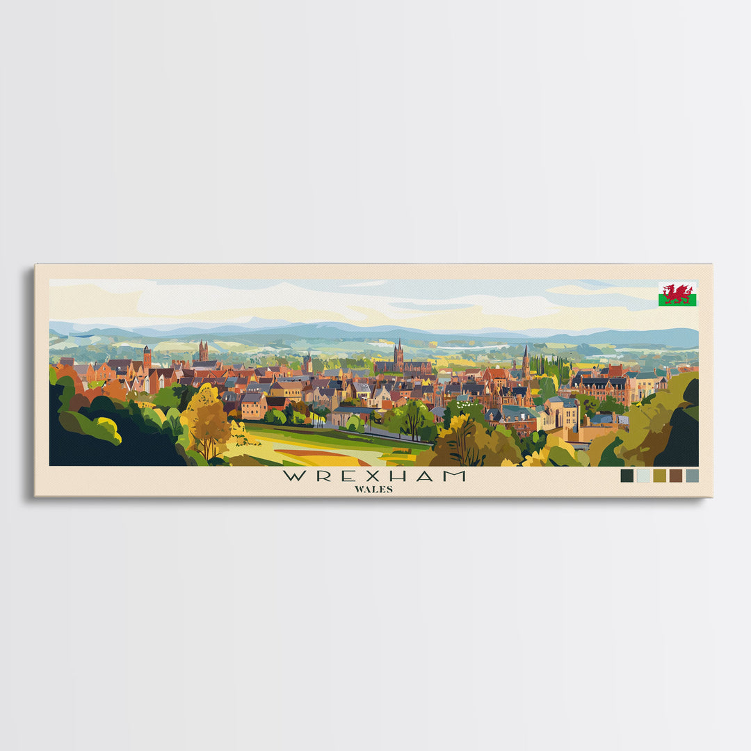 Wrexham, Wales Panoramic Travel Poster Canvas Print, Wrexham, Wales Painting, Wales Art, Wrexham Travel Art, Living Room Painting