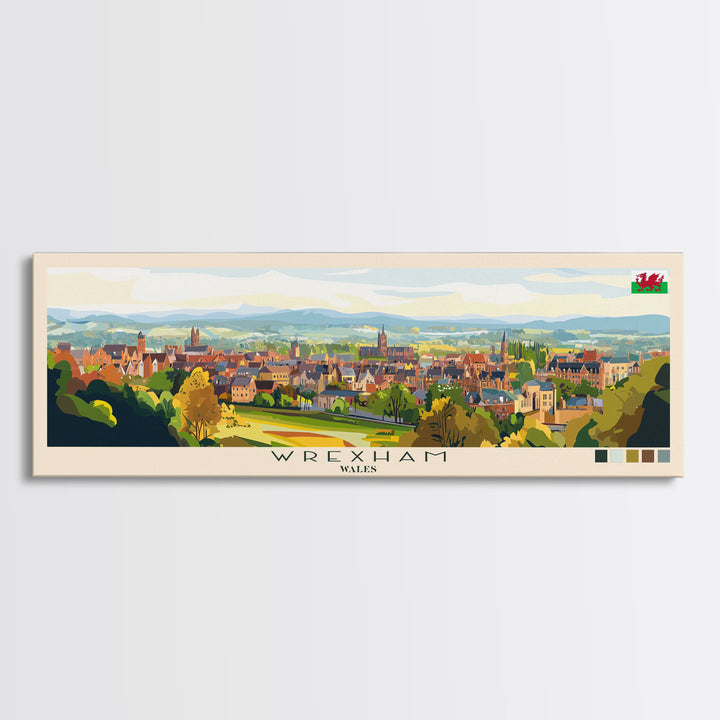 Wrexham, Wales Panoramic Travel Poster Canvas Print, Wrexham, Wales Painting, Wales Art, Wrexham Travel Art, Living Room Painting