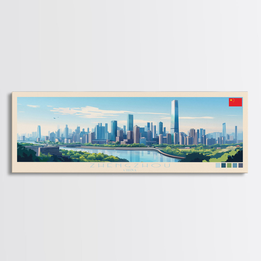 Zhengzhou, China Panoramic Travel Poster Canvas Print, Zhengzhou, China Painting, China Art, Zhengzhou Travel Art, Living Room Painting