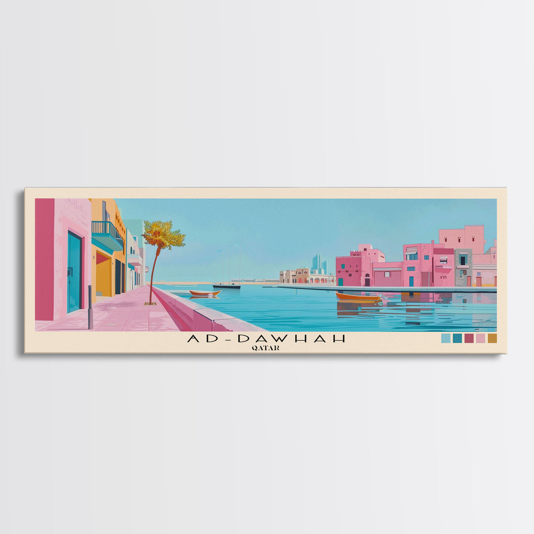 Ad-Dawhah, Qatar Panoramic Canvas Print, Ad-Dawhah, Qatar Painting, Qatar Art, Ad-Dawhah Travel Poster, Travel Art, Living Room Painting