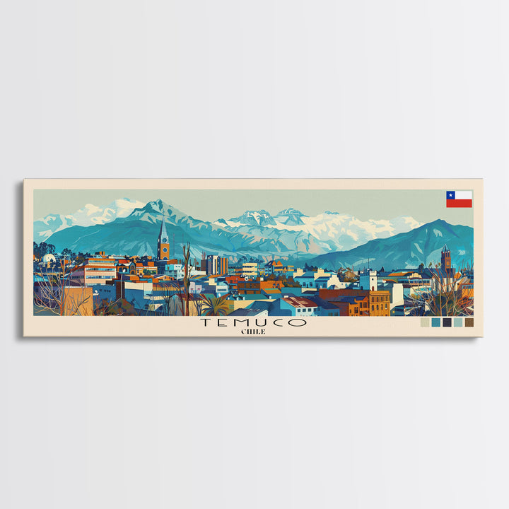 Temuco, Chile Panoramic Canvas Print, Temuco, Chile Painting, Chile Art, Temuco Travel Poster, Travel Art, Guest Room Painting