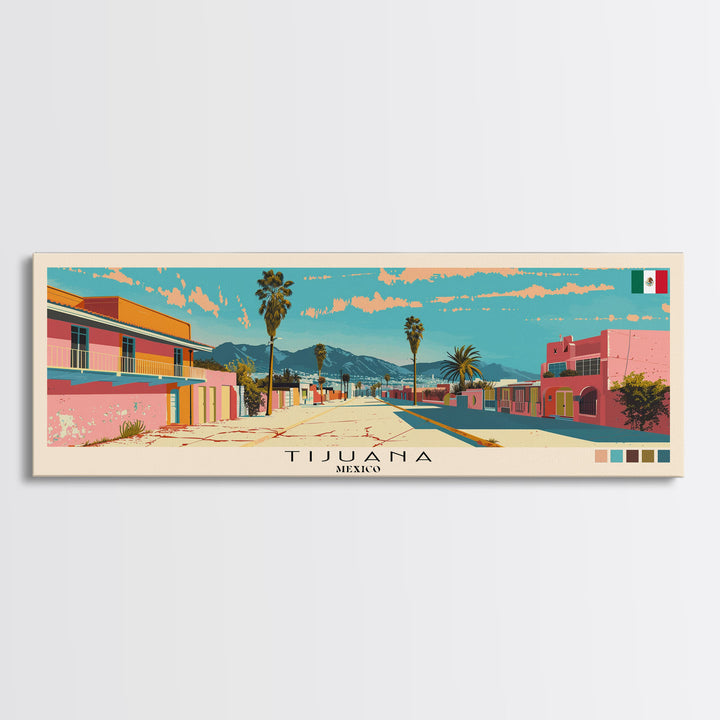 Tijuana, Mexico Panoramic Canvas Print, Tijuana, Mexico Painting, Mexico Art, Tijuana Travel Poster, Travel Art, Housewarming Gift