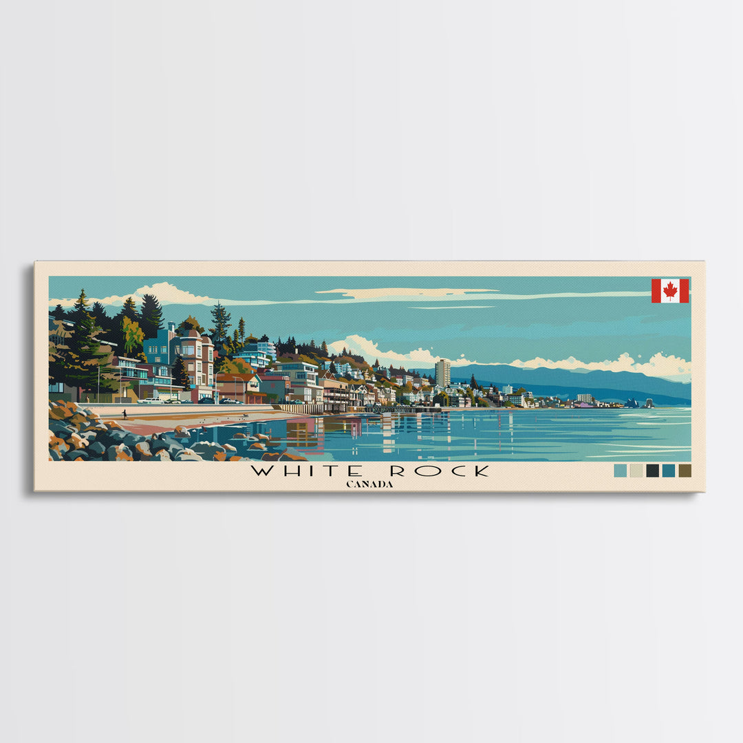 White Rock, Canada Panoramic Canvas Print, White Rock, Canada Painting, Canada Art, White Rock Travel Poster, Travel Art, Living Room Painting