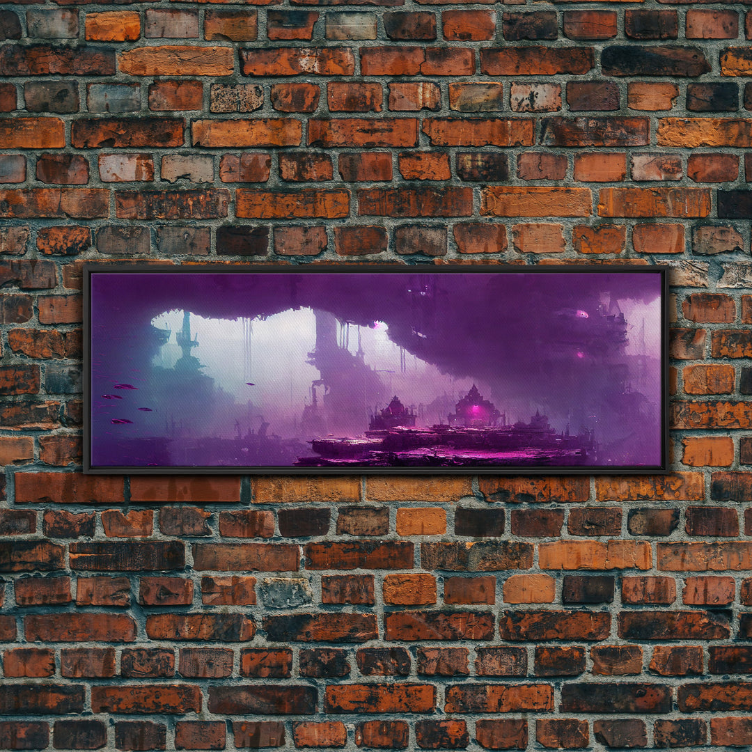 Panoramic Fantasy Underwater City, Purple Art, Extra Large Wall Art, Framed Panoramic Canvas Print, Framed Wall Decor