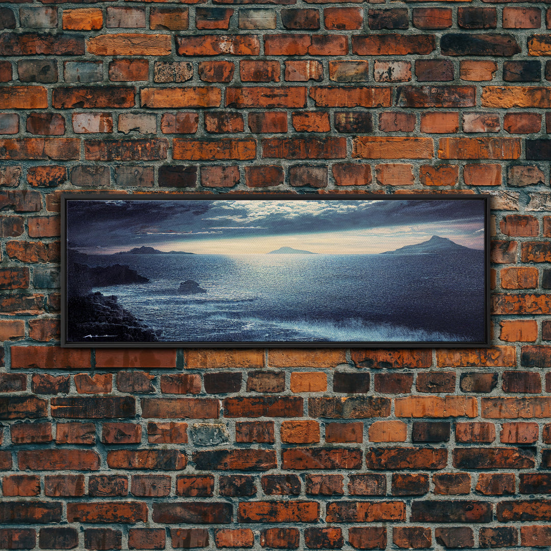 Storm Torrent Over A Steel Grey Sea, Gloomy Wall Art, Framed Ready To Hang Canvas Print