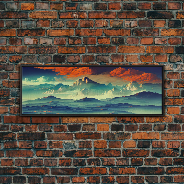 Beautiful Fantasy Mountain Landscape With Orange Clouds, Framed Canvas Print, Ready To Hang Panoramic Wall Decorr