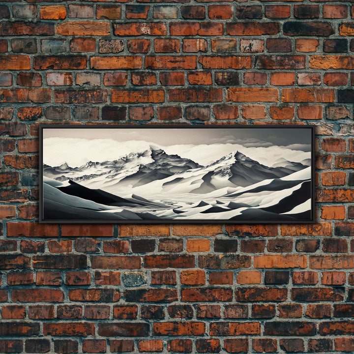 Stunning Panoramic Framed Canvas Print - Black and White Watercolor Landscape Painting - Snow Covered Mountain Art