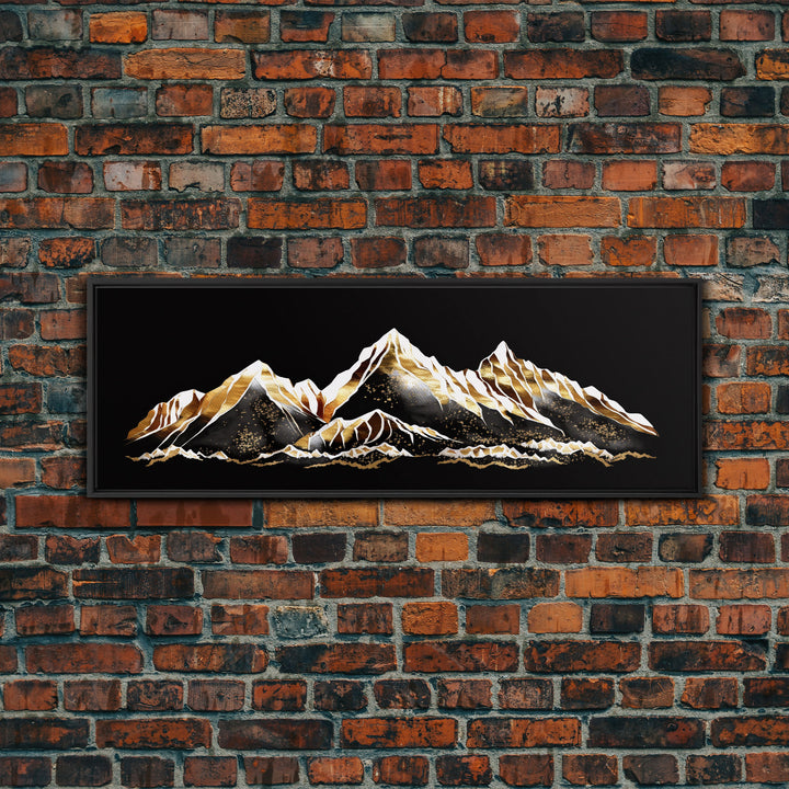 Black & Gold Mountain Landscape Painting, Framed Canvas Print, Panoramic Art, Extra Wide Art, Center Piece Decor, 24 x 72 Art, Huge Art