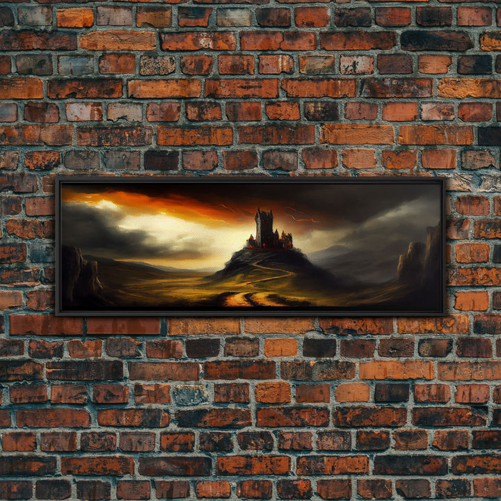 Panoramic Dark Fantasy Wall Art, Framed Canvas, Wood Frame Art, The Dark Castle Oil Painting Fantasy Decor, DND Art