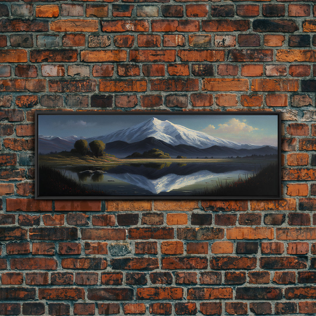 Contemporary Mountain Oil Painting Framed Canvas Print | Huge Wall Decor | Panoramic Nature / Landscape Painting | Wood Frame Art