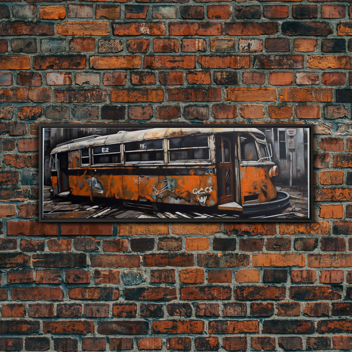 Old Abandoned Orange Streetcar Print, Graffiti Art, Urban Art Print, Street Art, Large Canvas Print, Panoramic, Wall Art, Canvas Print