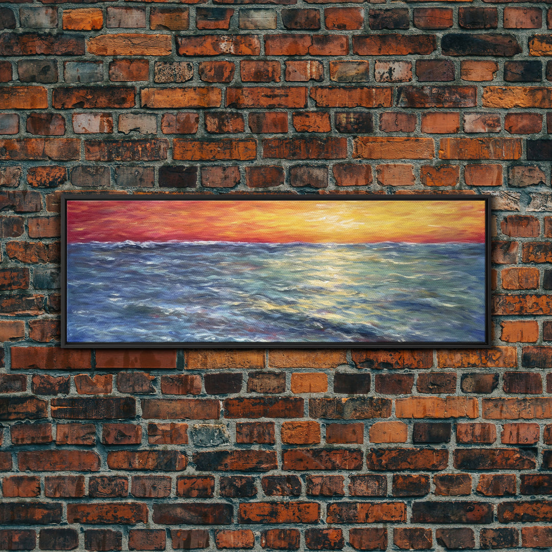 Vibrant Abstract, Framed Art, Sunset, Ocean, Abstract Sea Wall Art, Orange, Blue, Yellow, Abstract Nature, Panoramic, Wall Art, Canvas Print