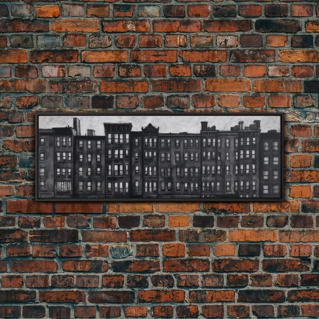 Row Of Buildings Pencil Sketch, Monochromatic Art, City Art, Large Urban Art Print, Wall Decor, Panoramic, Wall Art, Canvas Print