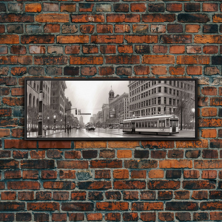 Detailed Street Sketch Canvas Print, City Wall Art, Bus, Cars, Buildings, Monochromatic Urban Art Print, Panoramic, Wall Art, Canvas Print