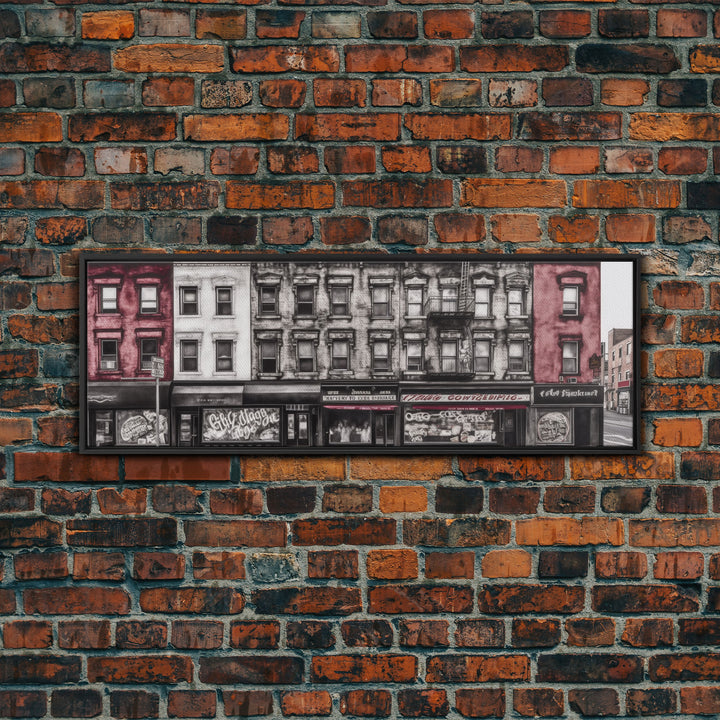 Row Of Buildings Canvas Print, Pencil Sketch City Art, Graffiti Wall Decor, Urban Art Wall Decor, Panoramic, Wall Art, Canvas Print