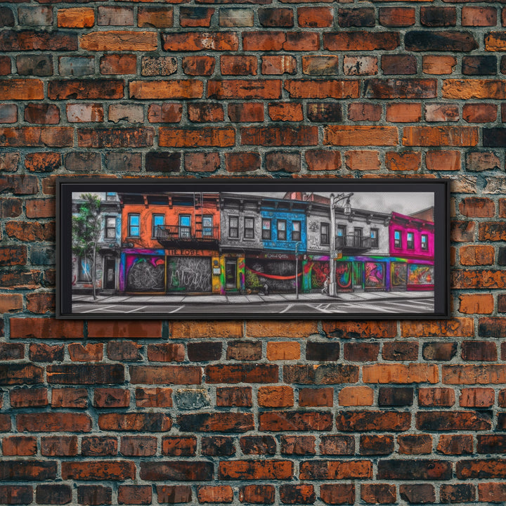 Run Down Row Of Buildings Canvas Print, Large Urban Art Print, Graffiti Street Art, Vibrant Art, Panoramic, Wall Art, Canvas Print