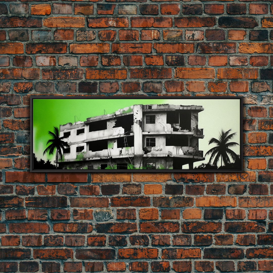 Torn Down Building Art Print, Ruins, Abandoned Structure, Green Background, Large Framed Canvas Print, Panoramic, Wall Art, Canvas Print