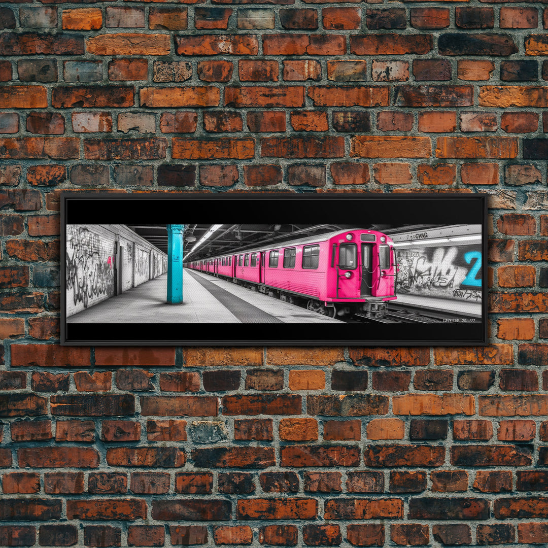 Graffiti On Subway Station, Graffiti Art Canvas, Pink Train, Wall Decor, Urban Art, Framed Canvas Print, Panoramic, Wall Art, Canvas Print