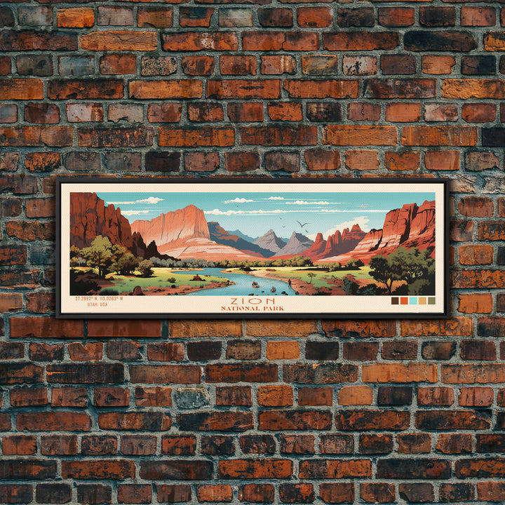 Zion National Park Panoramic Utah Travel Art, National Park Print, Minimalist Travel Art, Midcentury Modern Style Landscape