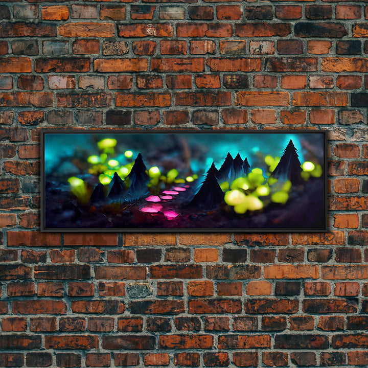 Luminescent trail in the forest, fantasy art, RPG concept art, tiny worlds, glowing mushrooms , Ready To Hang Canvas Print, Panoramic Art,