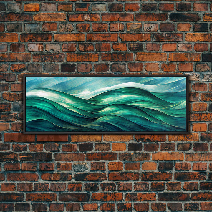 Sea Green Ocean Waves, Ready To Hang Canvas Print, Panoramic Art Deco Style Wall Decor, Emerald Green Wall Art