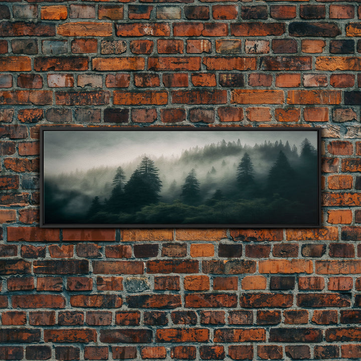 Panoramic watercolor of a misty forest fog, wall art, framed canvas print, farmhouse decor, foggy pine tree forest landscape, cabin art