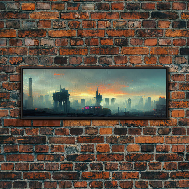 Night City Watercolor, Cyberpunk City, Ready To Hang Canvas Print, Panoramic, Videogame Concept Art, Watercolor Painting Of a Cyberpunk City