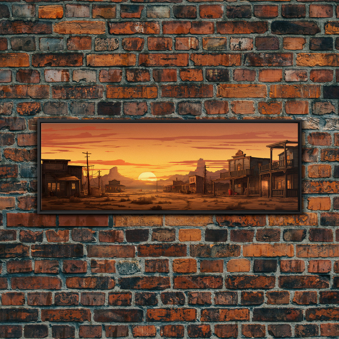 Abandoned Wildwest Ghost Town Framed Canvas Print, Panoramic Wall Art, Wild West Decor, Southwestern Farmhouse Decor, Boom Town Art