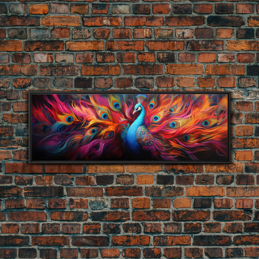 Surreal Peacock Painting Framed Canvas Print, Colorful Minimalist MCM Style Wall Art, Peacock Print