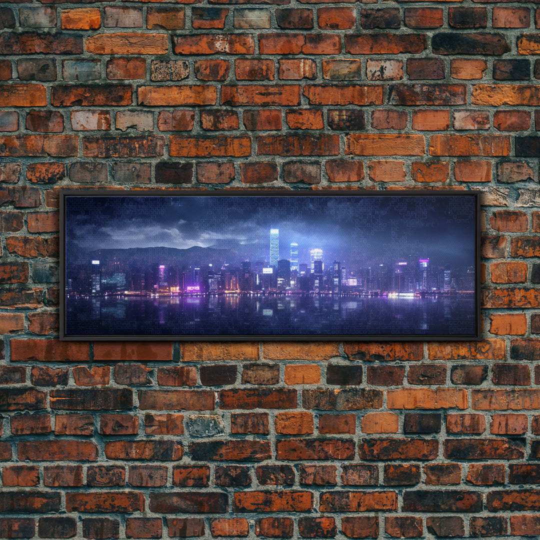 Cyberpunk Hong Kong City Skyline, Framed Canvas Print, Cyberpunk Style Wall Art, Synthwave Decor, Videogame Concept Art