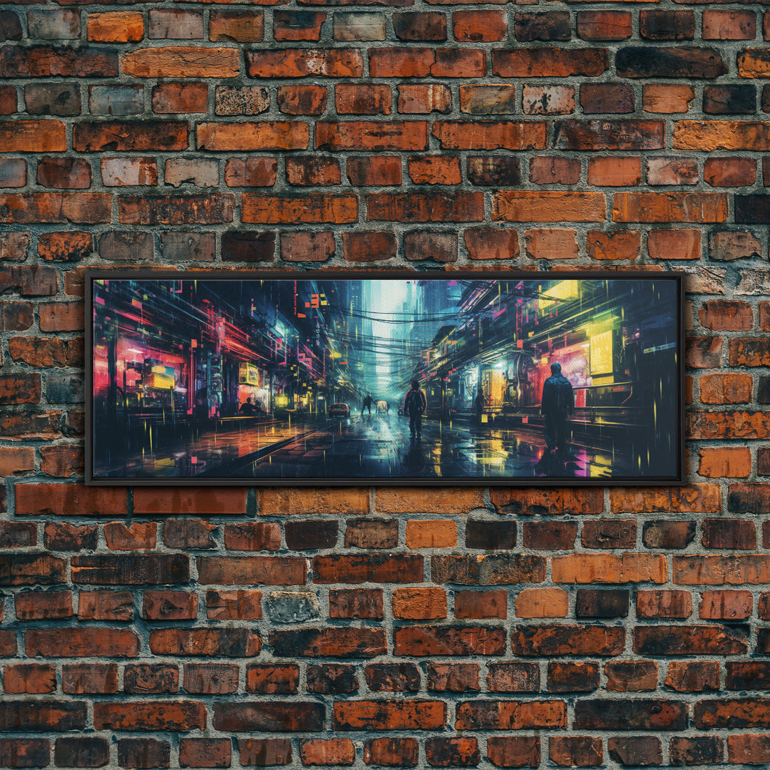 Cyberpunk Tokyo City Streets, Framed Canvas Print, Cyberpunk Style Wall Art, Synthwave Decor, Videogame Concept Art