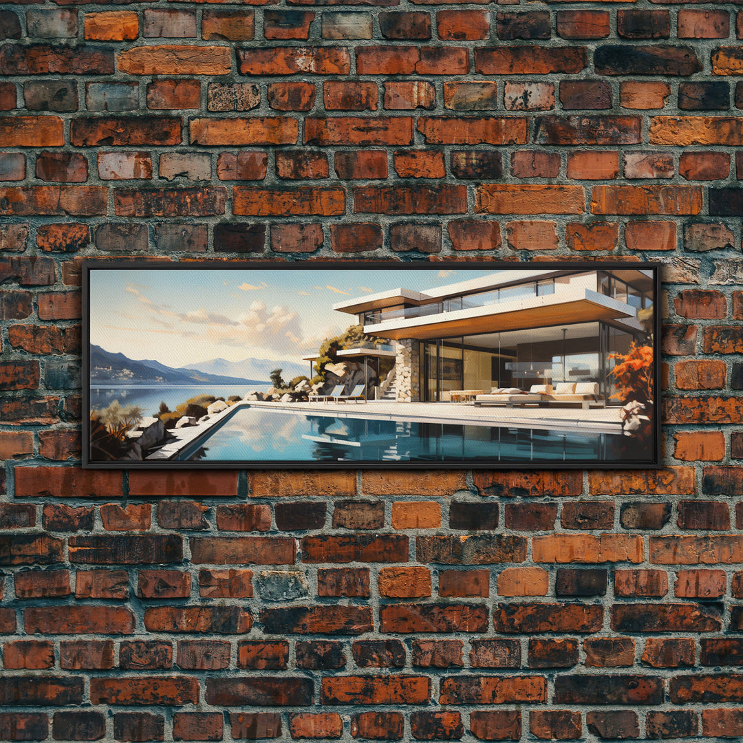 Midcentury Modern Architecture Painting Framed Canvas Print, Beautiful MCM House On Lake Tahoe, Livingroom Centerpiece Wall Art