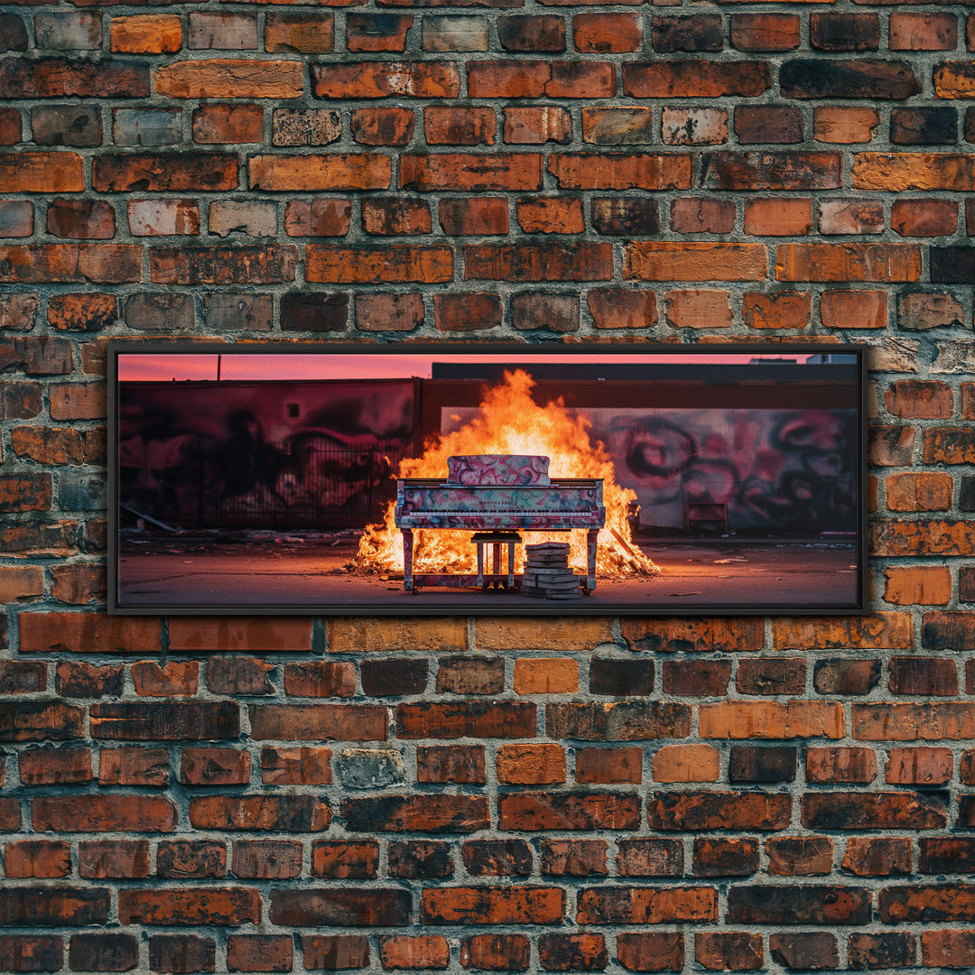 The Burning Piano, Urban Decay Art, Street Art, Framed Canvas Print, Graffiti Art, Panoramic Wall Art