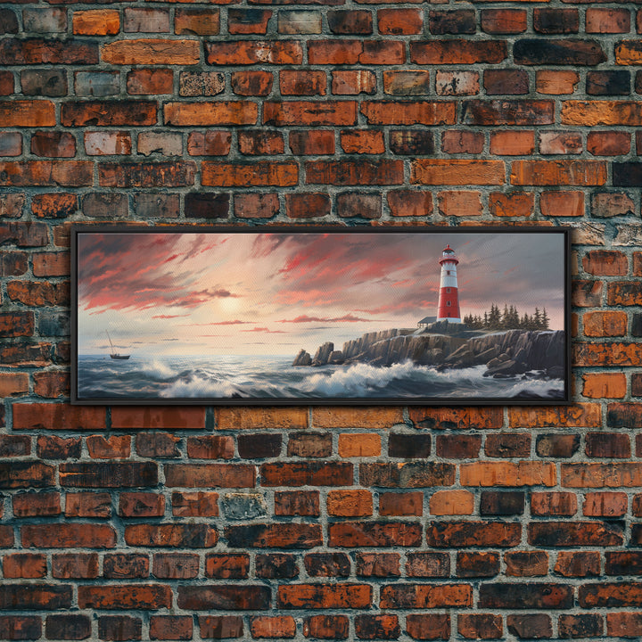 Lighthouse On A Rocky Cliff At Sunset, Framed Canvas Print / Wall Art, Watercolor Painting of a Nautical Scene