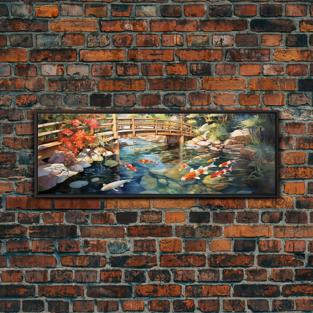 Panoramic Koi Pond Painting Canvas Print, Framed Wall Art, Unique Home Decor, Gift Idea, Art With Frame, Living Room Art