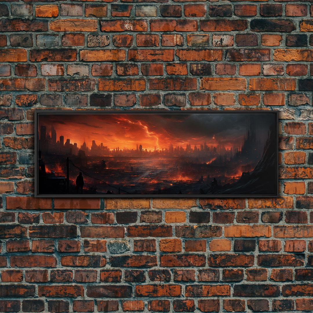 The Burning City Panoramic Canvas Print, Framed Halloween Art, Spooky Decor, Halloween Art, Halloween Wall Art, Halloween Art Print