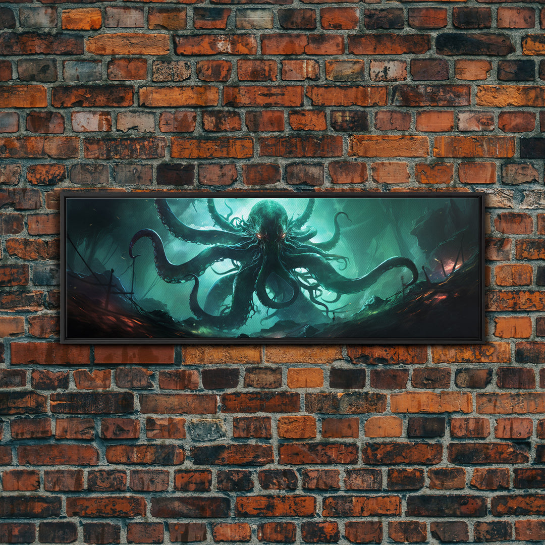 Rise Of Cthulhu Framed Canvas Print, Panoramic Call of Cthulhu H.P. Lovecraft Cosmic Horror Steampunk Gothic Darrk Art Wall Decor