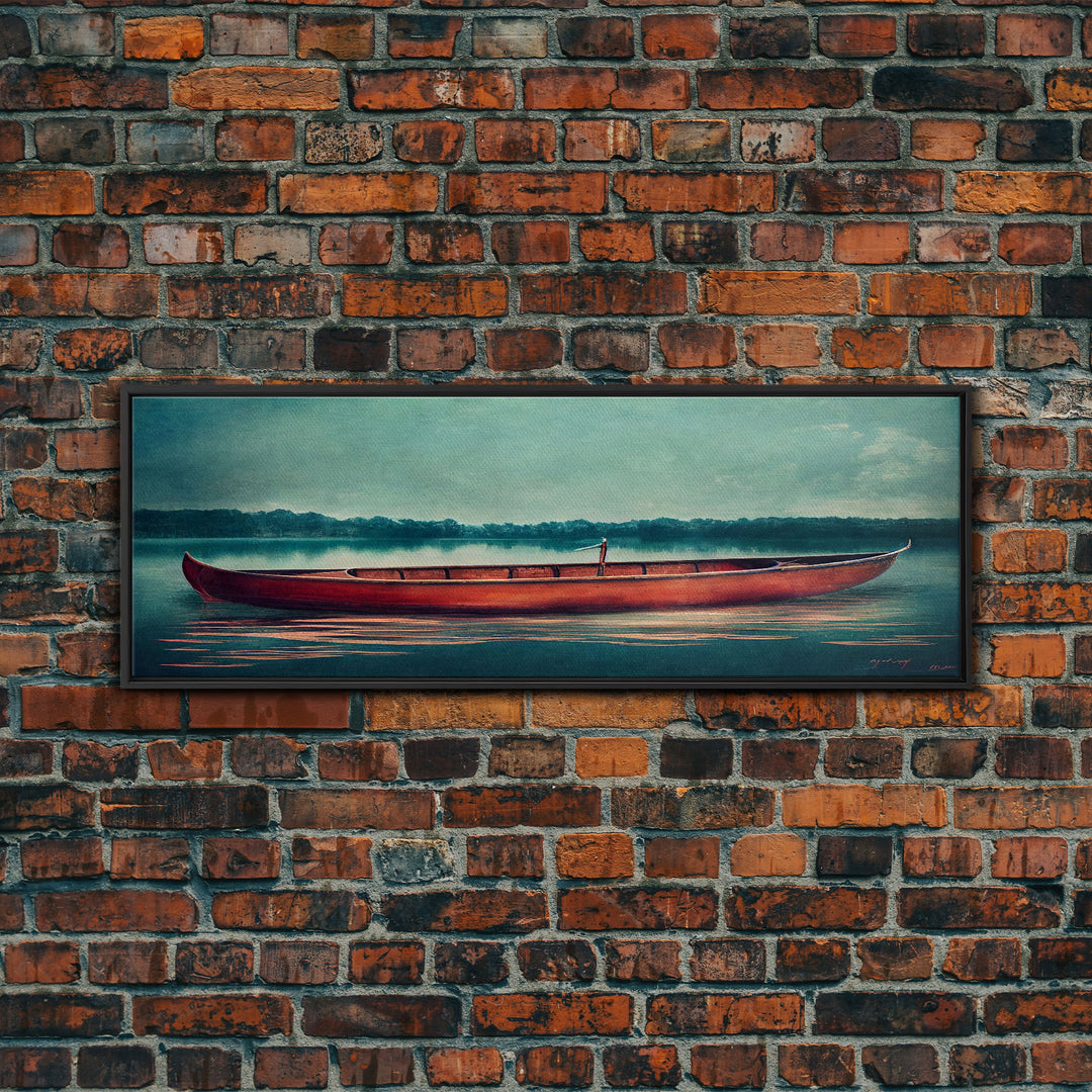 Cool Lakehouse Art, Canoe on the Lake Watercolor, Extra Large Wall Art, Framed Panoramic Canvas Print, Framed Wall Decor