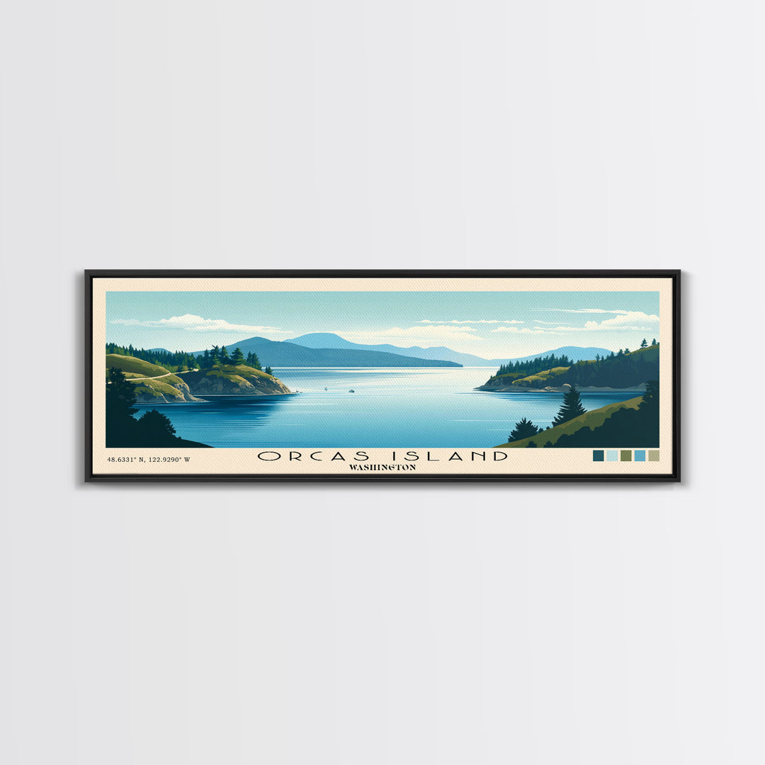 Orcas Island, Washington Panoramic Beach Print, Vacation Gift, Washington Wall Art, Framed Canvas Print, Framed Beach Painting